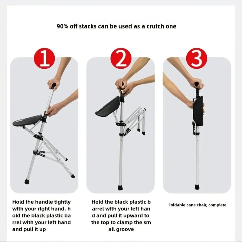 2-in-1 Folding Stool Cane | Walking Stick with Seat for Elderly | Portable Mobility Aid for Seniors